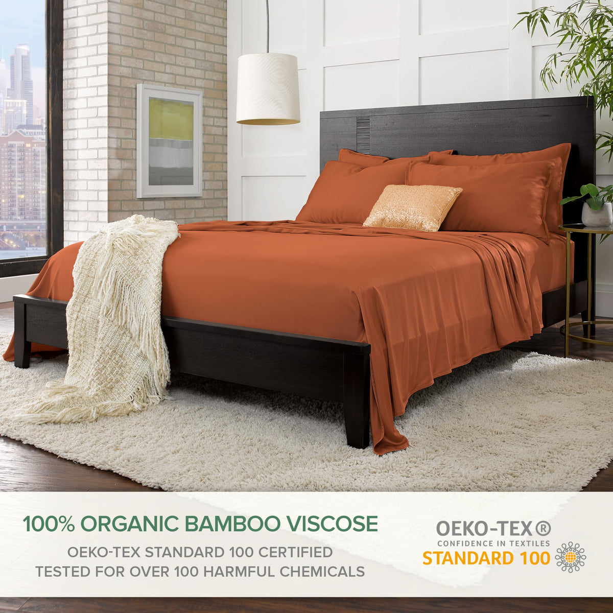 Pure Bamboo queen sheets packaging highlights premium bedding presentation.