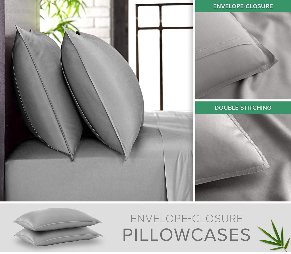 Pure Bamboo queen sheets pillowcases with overlap closure for easy setup.