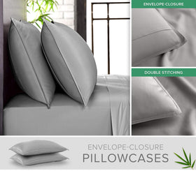 Pure Bamboo queen sheets pillowcases with overlap closure for easy setup.