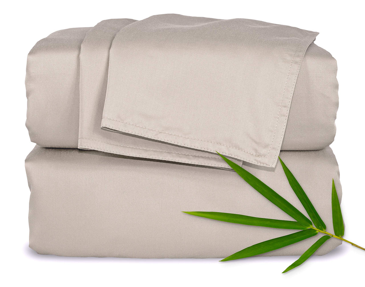 Pure Bamboo Queen Sheets Sand fitted sheet showing secure, silky fit
