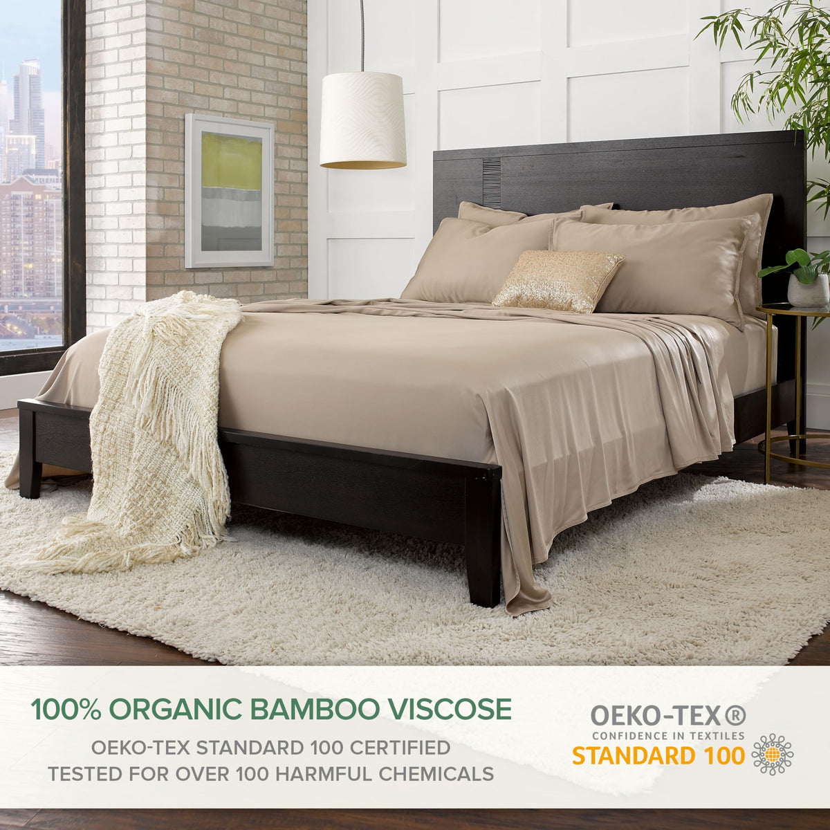 Pure Bamboo Queen Sheets Sand flat sheet drapes softly over bed
