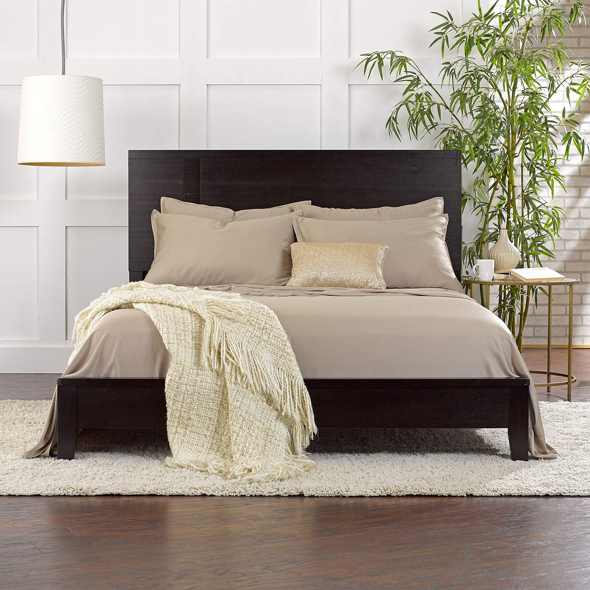 Pure Bamboo Queen Sheets Sand on bed demonstrating deep pocket fit