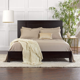 Pure Bamboo Queen Sheets Sand on bed demonstrating deep pocket fit
