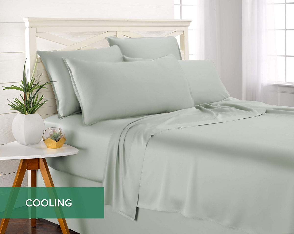 Pure Bamboo Queen Sheets Sea Glass on bed with neat, secure fit