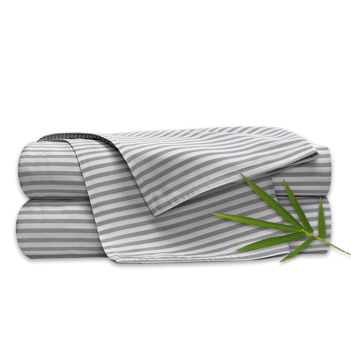 Pure Bamboo Queen Sheets striped flat lay showing cooling, silky-soft weave.