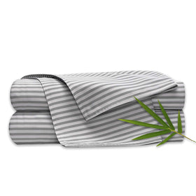 Pure Bamboo Queen Sheets striped flat lay showing cooling, silky-soft weave.