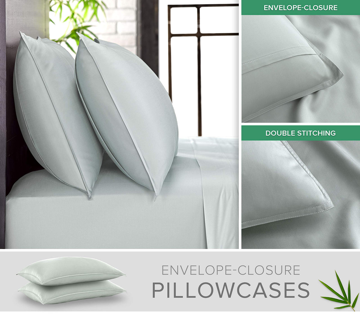 Pure Bamboo Sea Glass pillowcases closeup with secure envelope closure