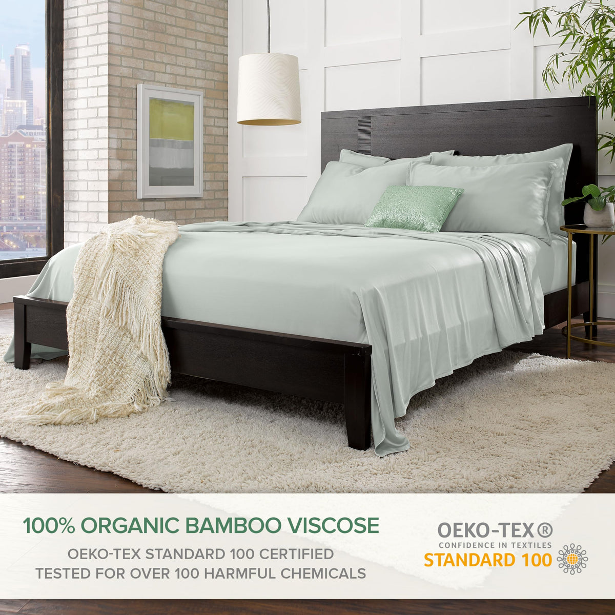 Pure Bamboo Twin XL Sea Glass sheets on bed show snug fit with deep pockets