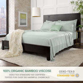 Pure Bamboo Twin XL Sea Glass sheets on bed show snug fit with deep pockets