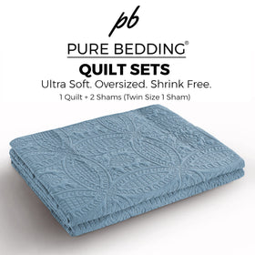 Pure Bedding ash blue quilt close-up showing geometric stitching and durable microfiber texture