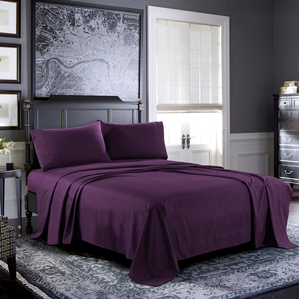 Pure Bedding Queen Sheet Set 4-Piece Purple with hotel luxury feel for all-night comfort.