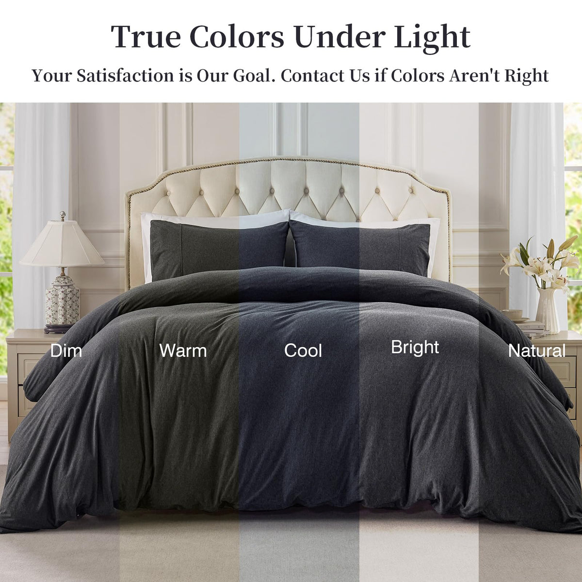 Bedroom styling with heather charcoal grey Pure Era duvet set adds chic simplicity