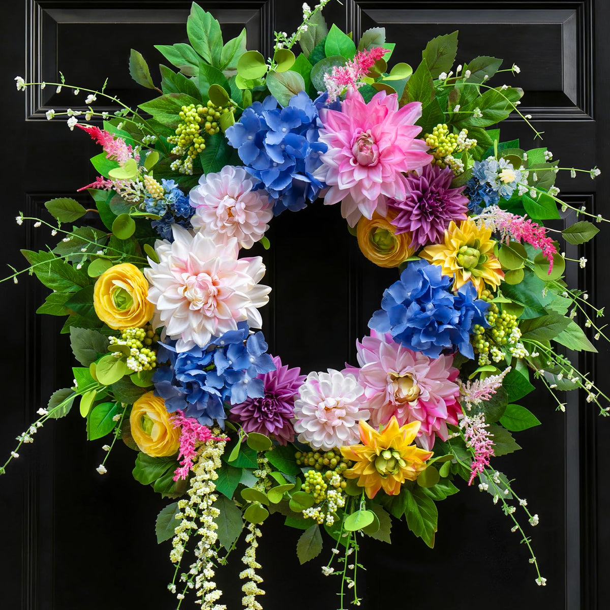 PureCosy front-door wreath in 24inch size with dahlias, gerberas, and primulas for vibrant curb appeal.