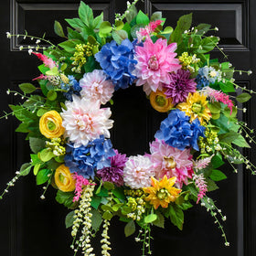 PureCosy front-door wreath in 24inch size with dahlias, gerberas, and primulas for vibrant curb appeal.