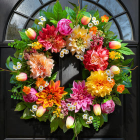 PureCosy Spring Wreath on front door with dahlias and greenery for year-round charm