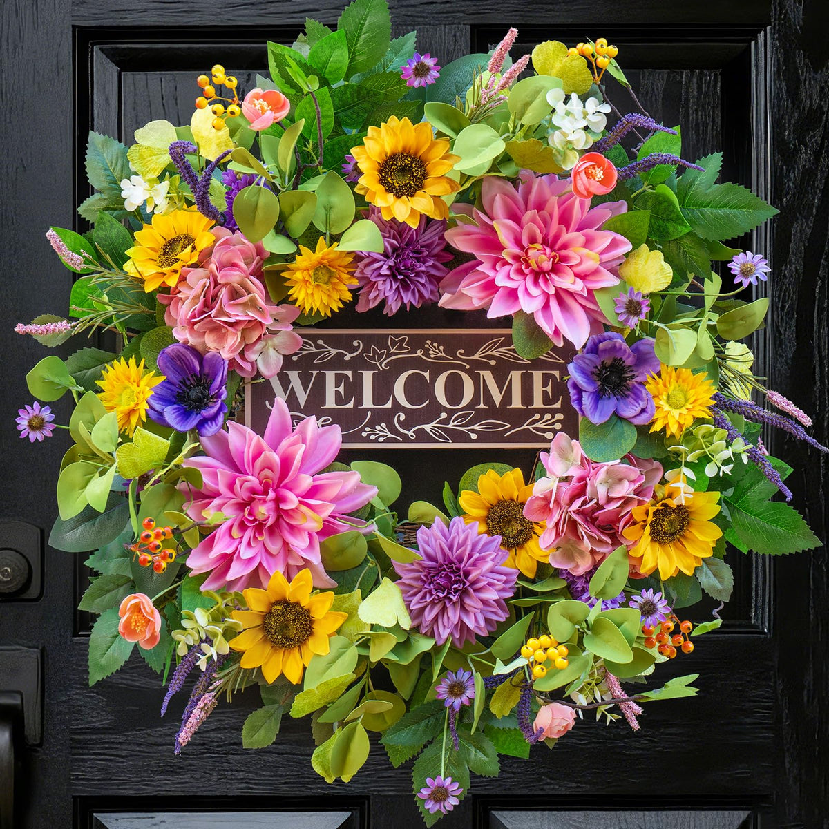 PureCosy sunflower-dahlia wreath for front door adds seasonal charm