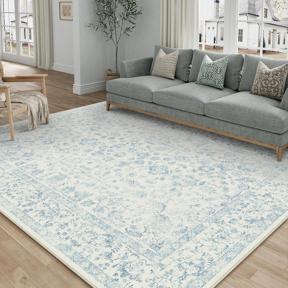PureCozy 5x7 blue rug with non-slip backing securely placed on a hardwood floor