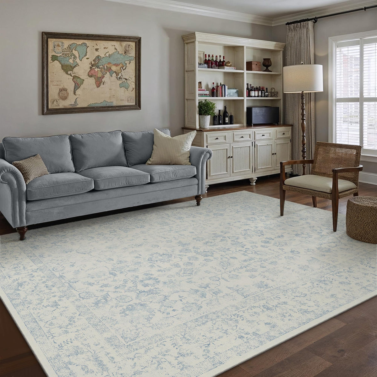 PureCozy blue area rug with distressed pattern for living rooms and high-traffic areas.