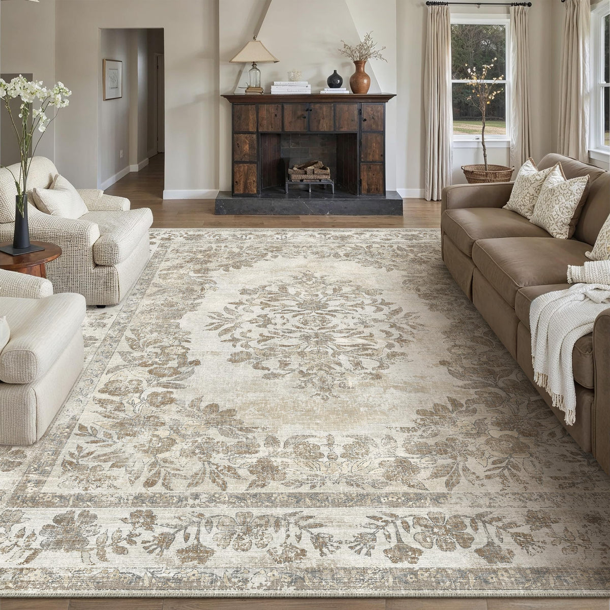 PureCozy 8x10 beige washable rug for living rooms, easy cleaning and versatile decor.