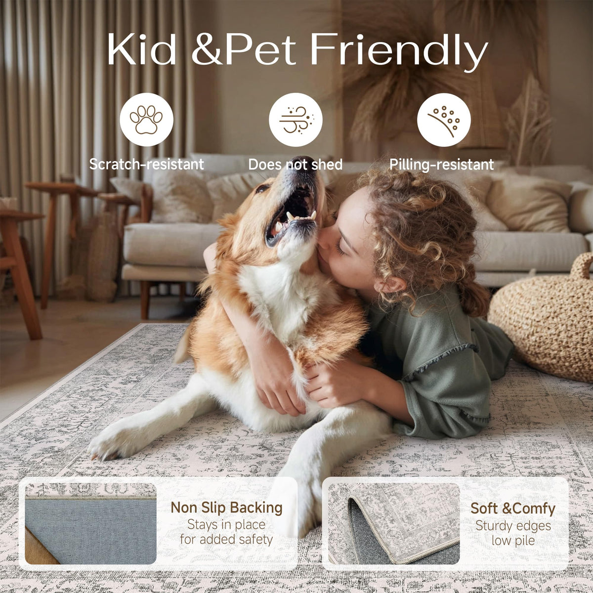 PureCozy anti-slip rubber back rug stays in place on floors