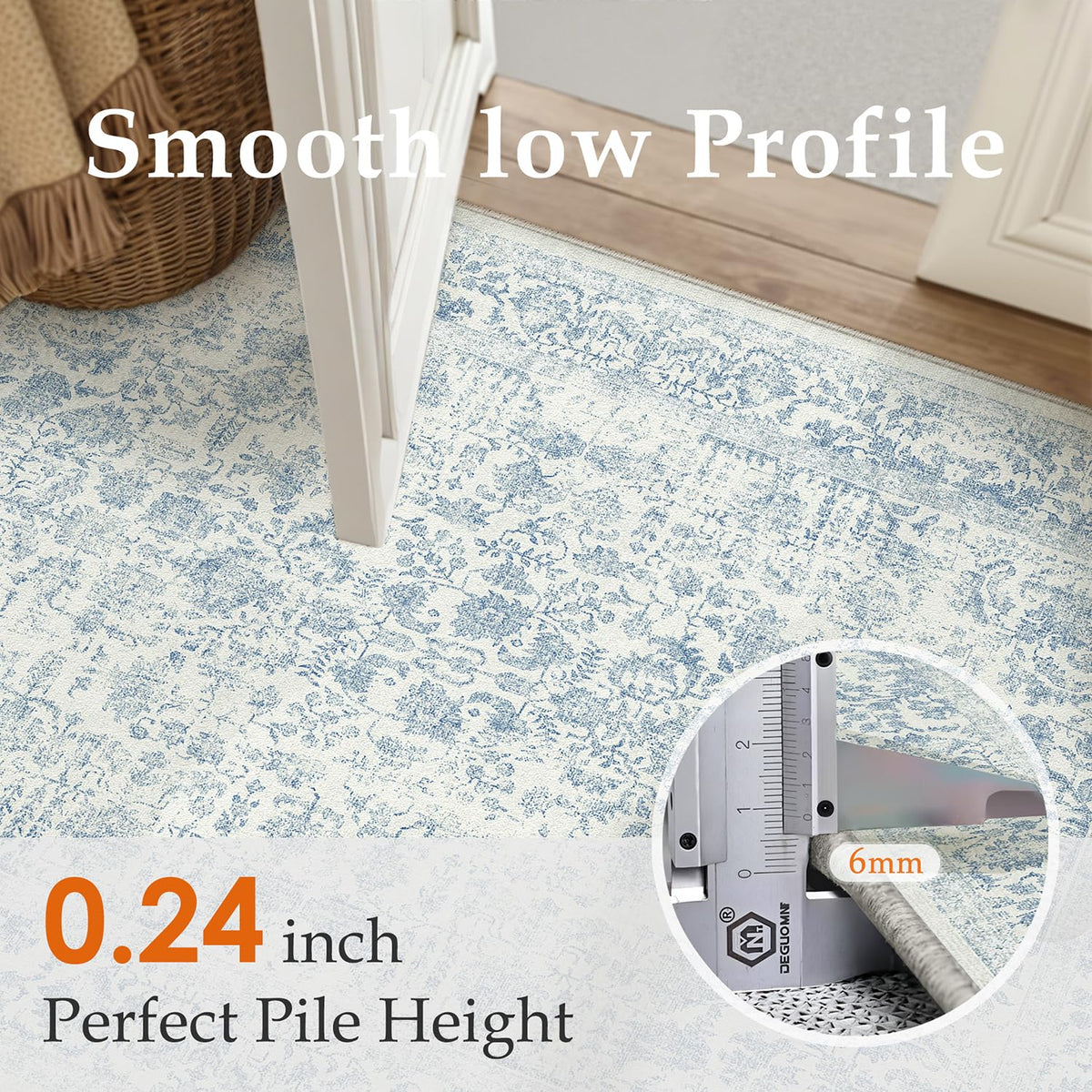 PureCozy blue area rug distressed pattern suits bedrooms and dining spaces