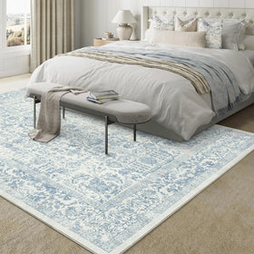 PureCozy blue area rug creates a cozy focal point in living rooms