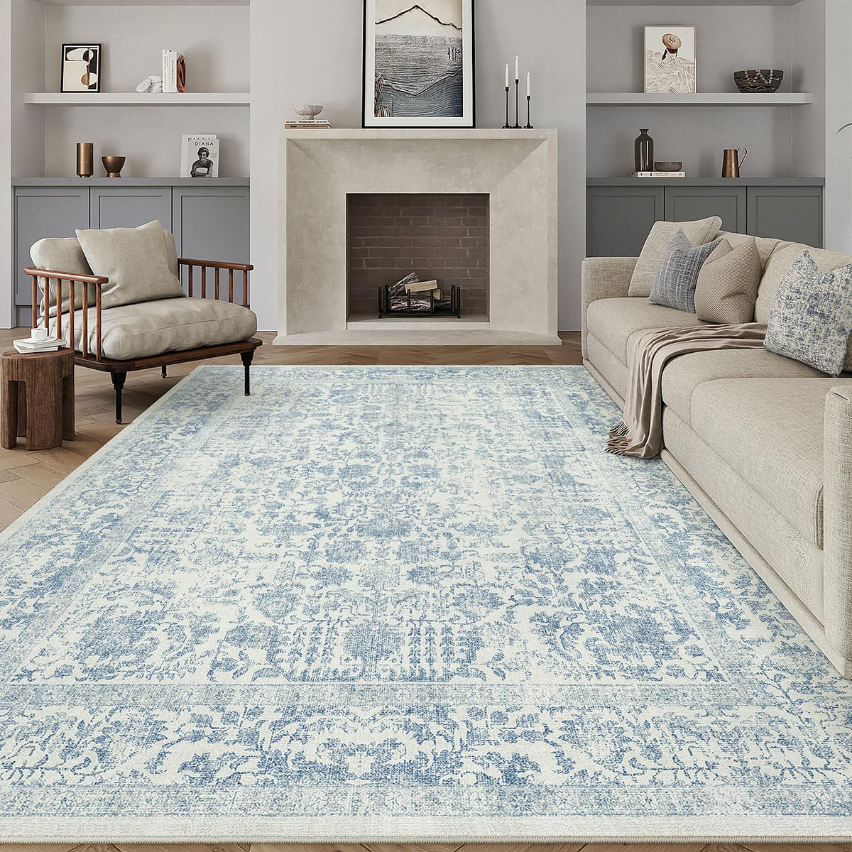 PureCozy blue area rug machine washable for effortless cleaning