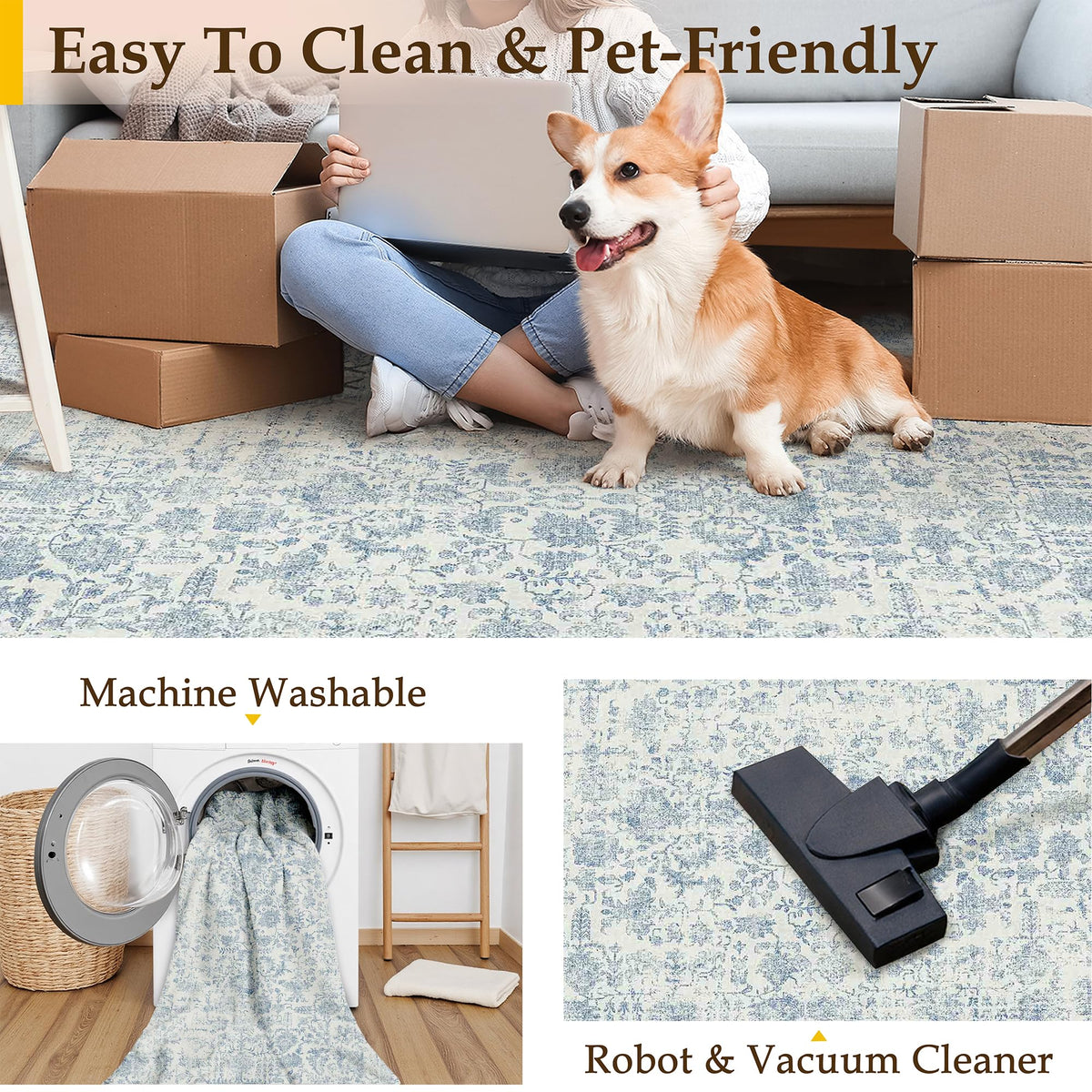 PureCozy blue area rug non-slip backing keeps it securely in place