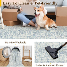 PureCozy blue area rug non-slip backing keeps it securely in place