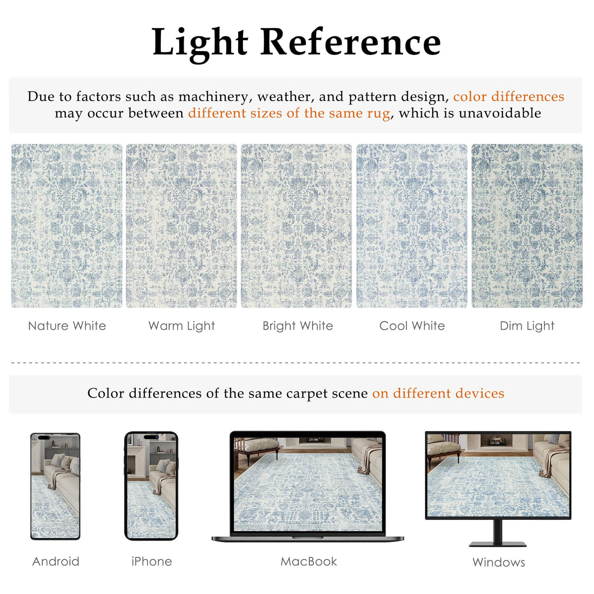 PureCozy blue area rug texture highlights distressed vintage look and hides footprints