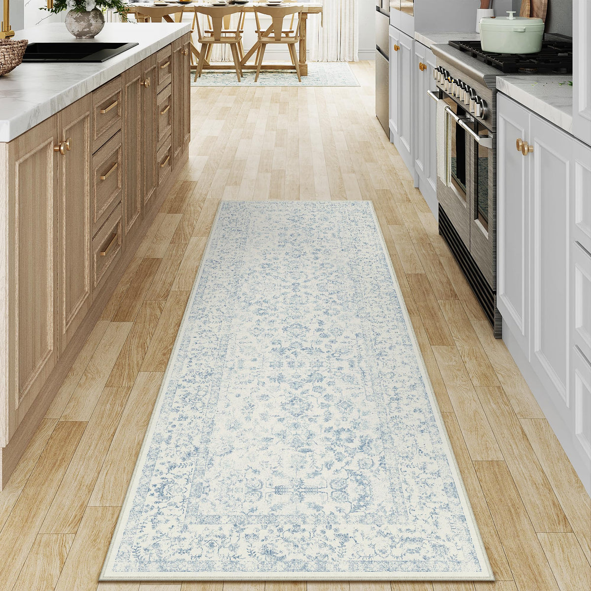 PureCozy blue runner rug 2x6 in hallway setup, durable and colorfast.