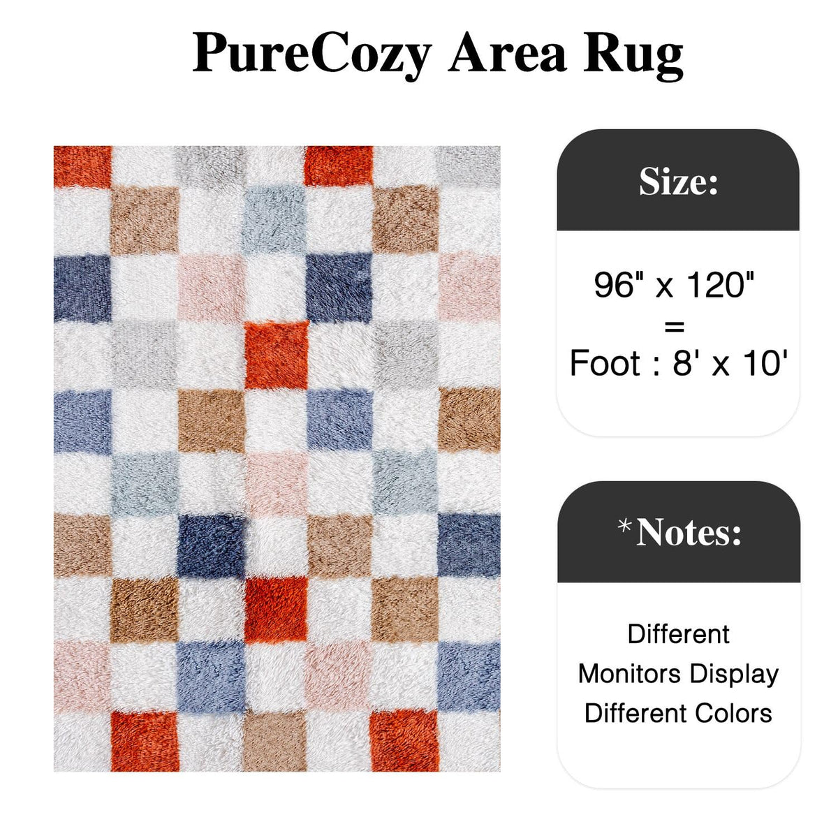 PureCozy checkered rug 8x10 living room setup highlights plush pile underfoot.