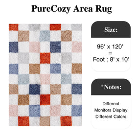 PureCozy checkered rug 8x10 living room setup highlights plush pile underfoot.
