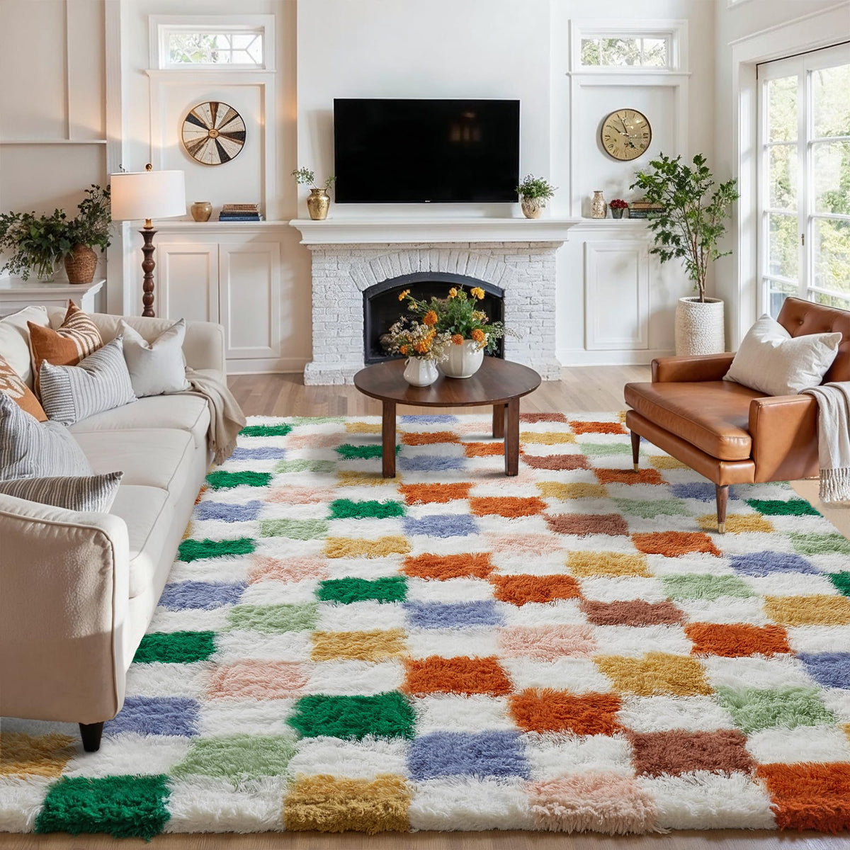PureCozy checkered rug 8x10 in living room for warm, stylish decor