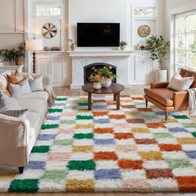 PureCozy checkered rug 8x10 in living room for warm, stylish decor