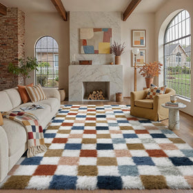 PureCozy checkered rug 8x10 wide shot shows bold rainbow shag for cozy living rooms.