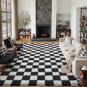 PureCozy checkered rug 8x10 in a living room adds warmth and style.