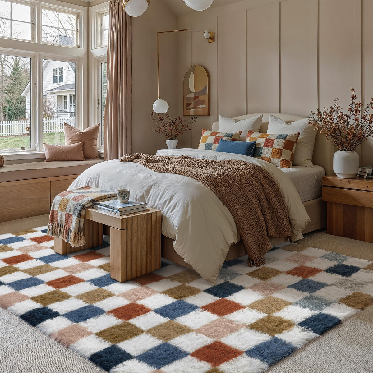 PureCozy checkered rug fluffy pile detail emphasizes warmth under bare feet.