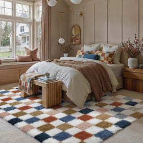 PureCozy checkered rug fluffy pile detail emphasizes warmth under bare feet.