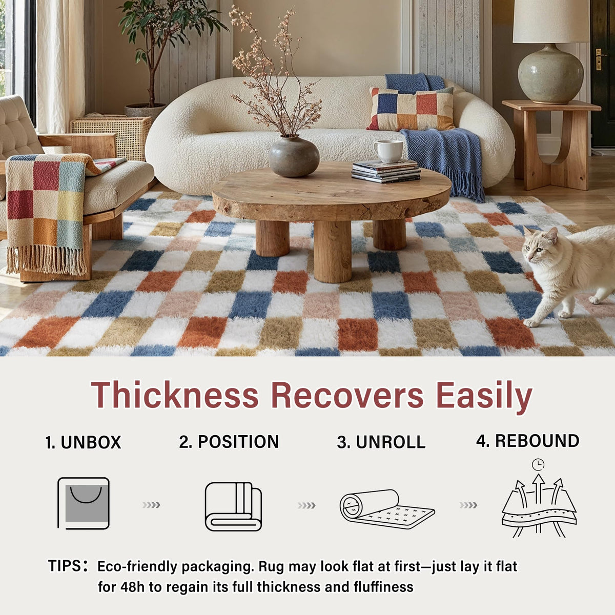 PureCozy checkered rug non-slip backing closeup ensuring stable placement on hardwood.