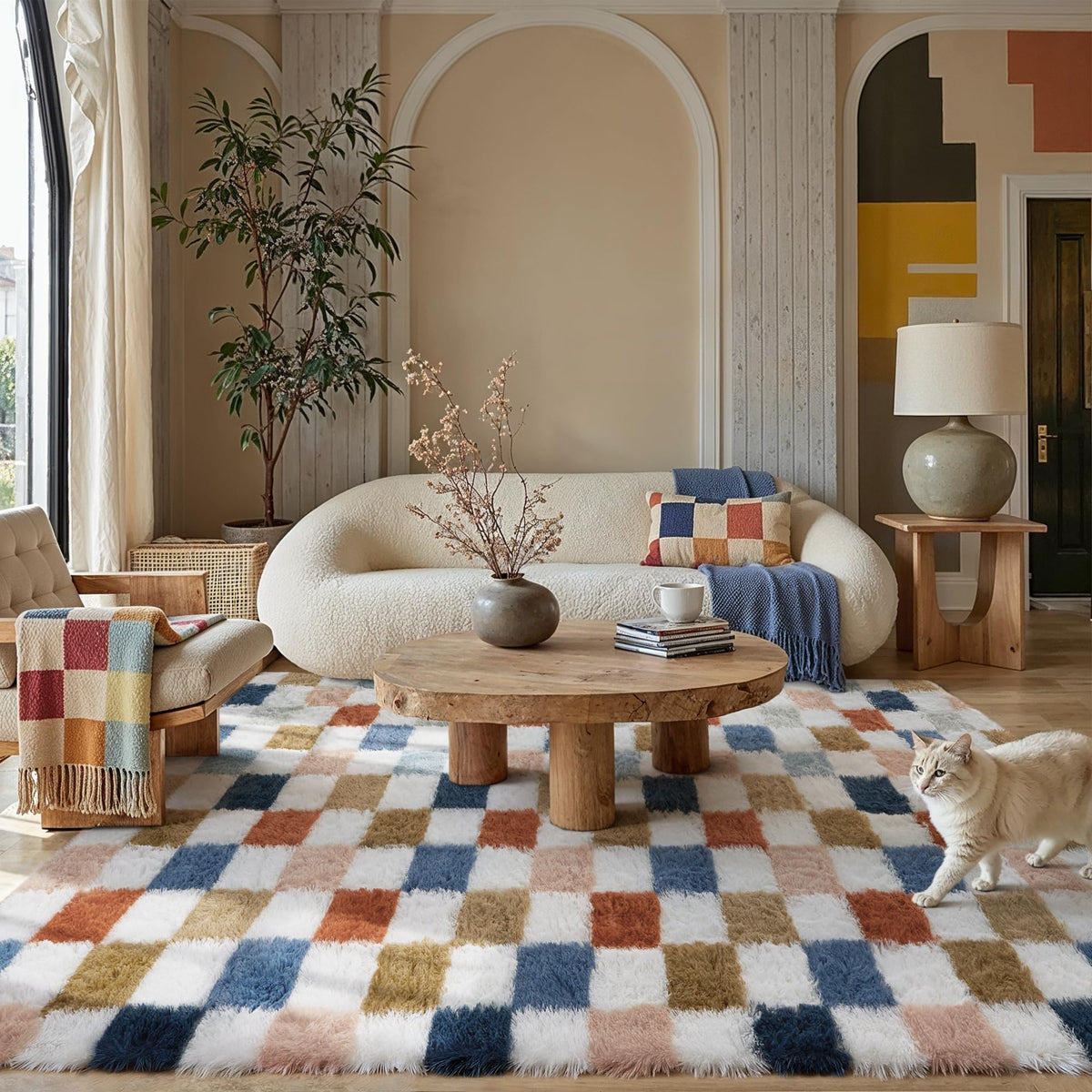 PureCozy checkered rug rainbow shag closeup reveals soft texture and cushioning.