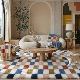 PureCozy checkered rug rainbow shag closeup reveals soft texture and cushioning.