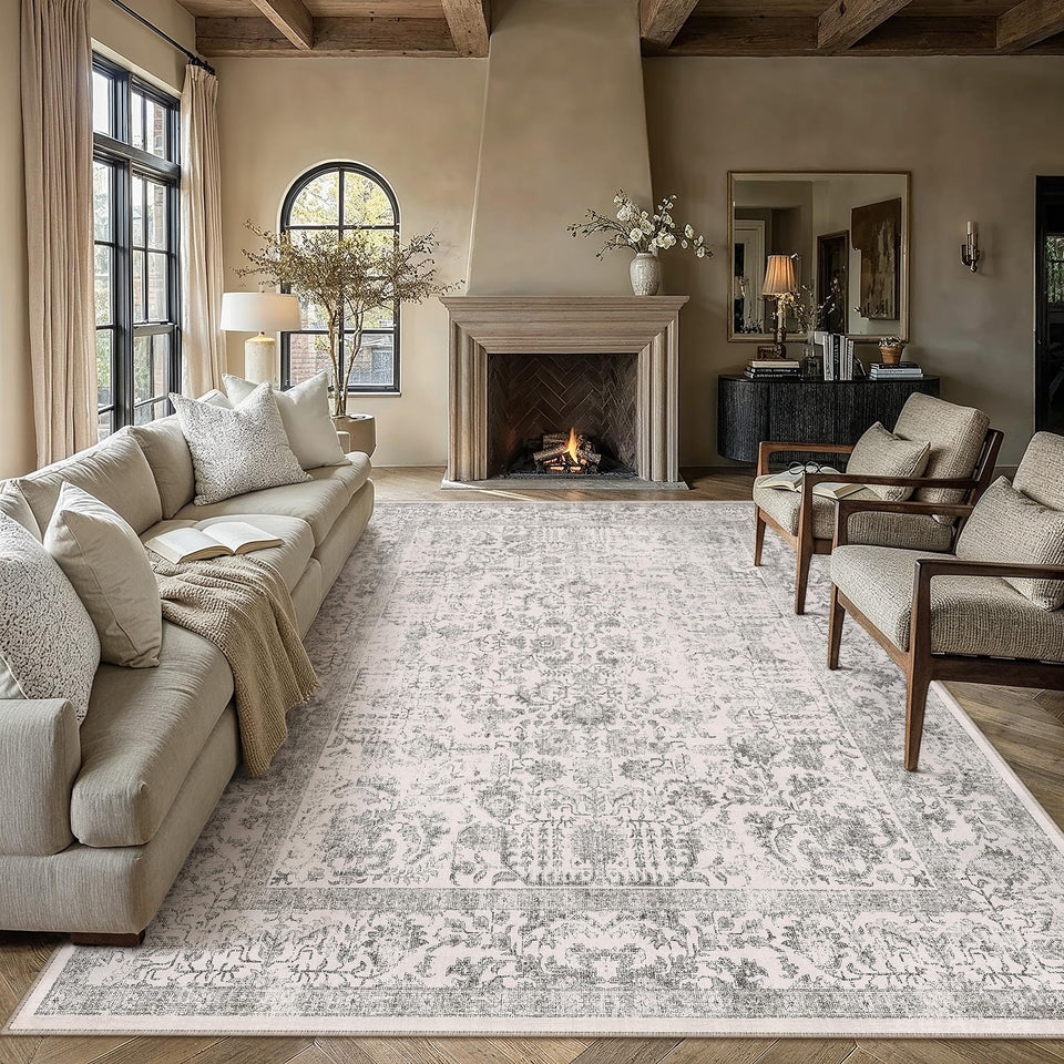PureCozy Gray Area Rug front view for large living spaces with vintage charm.