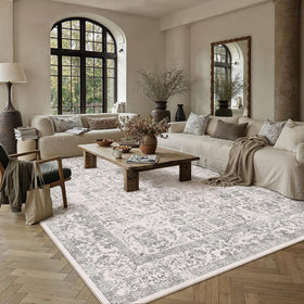 PureCozy Gray Area Rug in a living room layout showing versatile styling and easy cleaning.