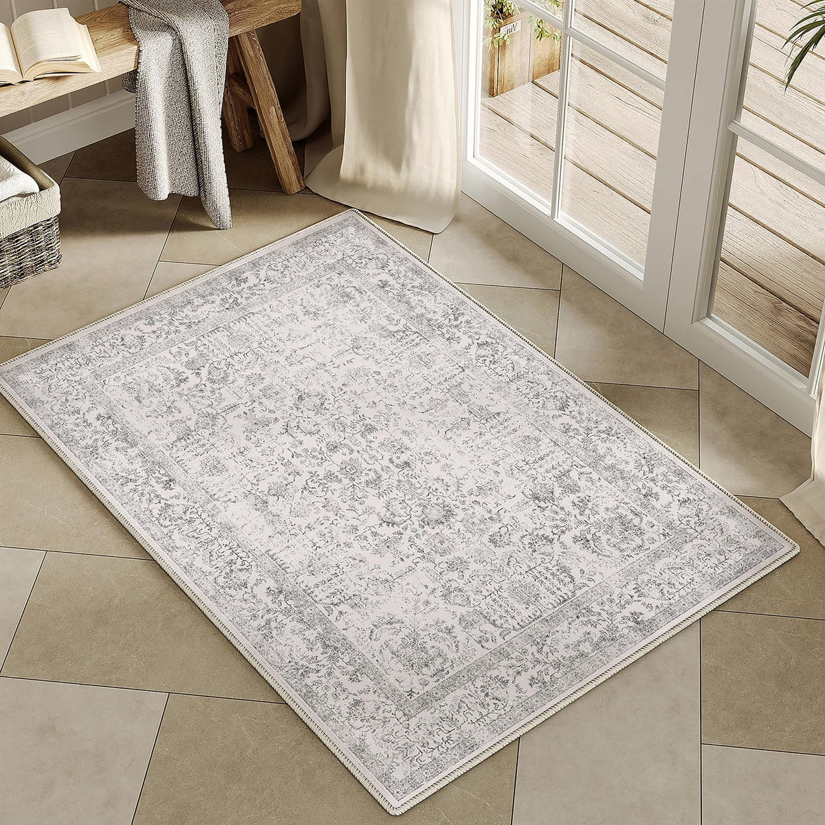PureCozy gray entryway rug 2x3 with vintage floral pattern for busy hallways.