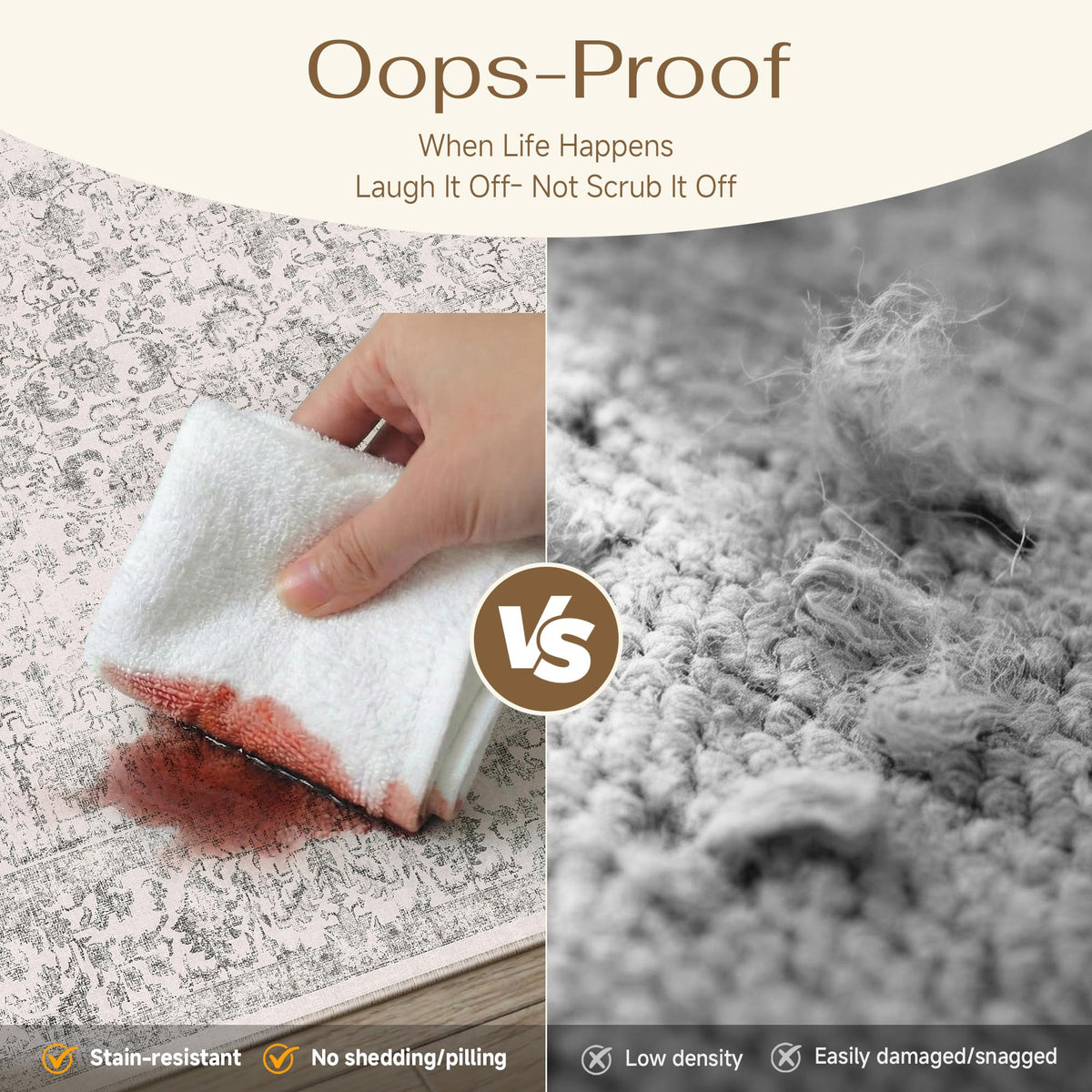 PureCozy rug with non-slip backing helps it stay in place on hard floors.