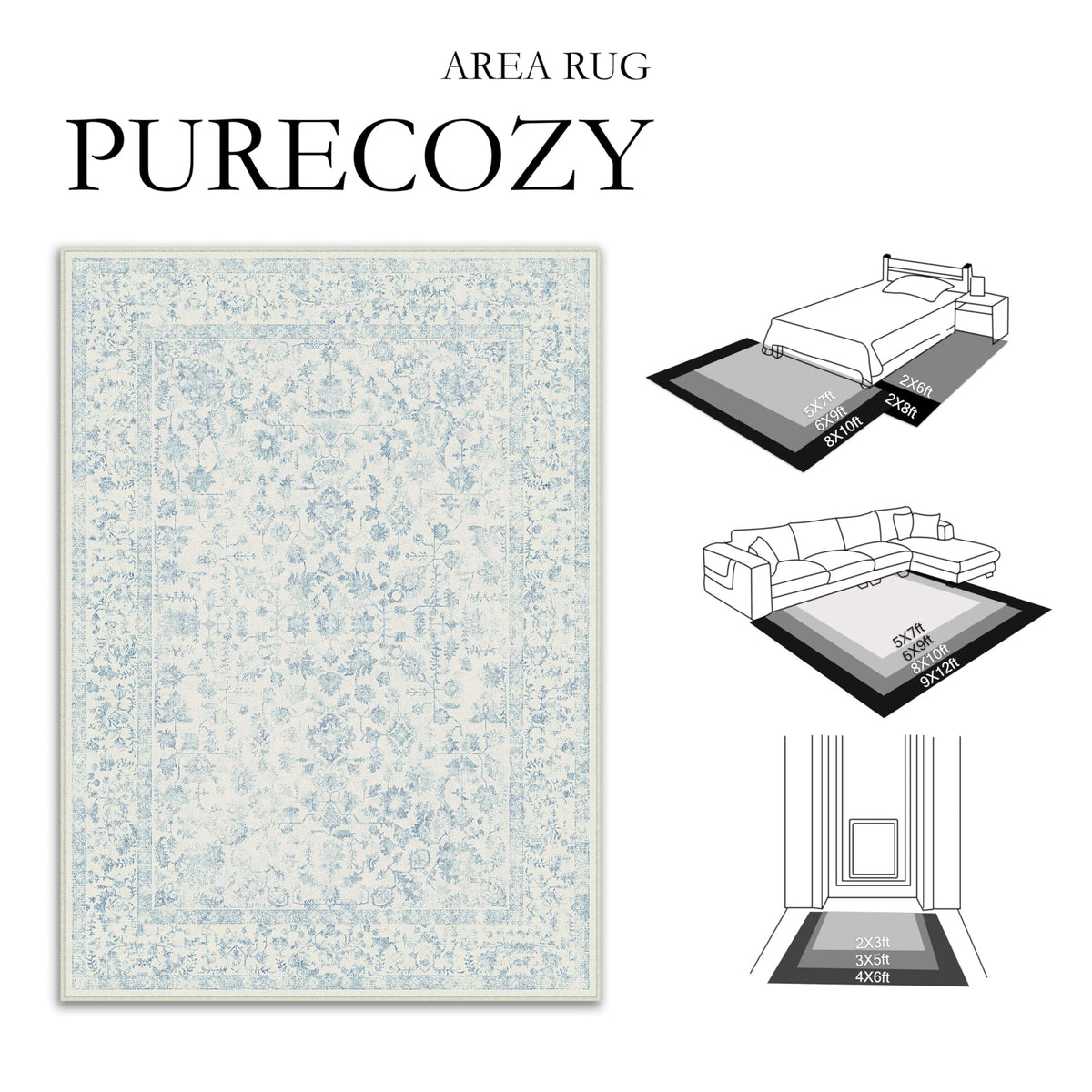 PureCozy blue rug with TPR anti-slip backing keeps it in place on busy floors.