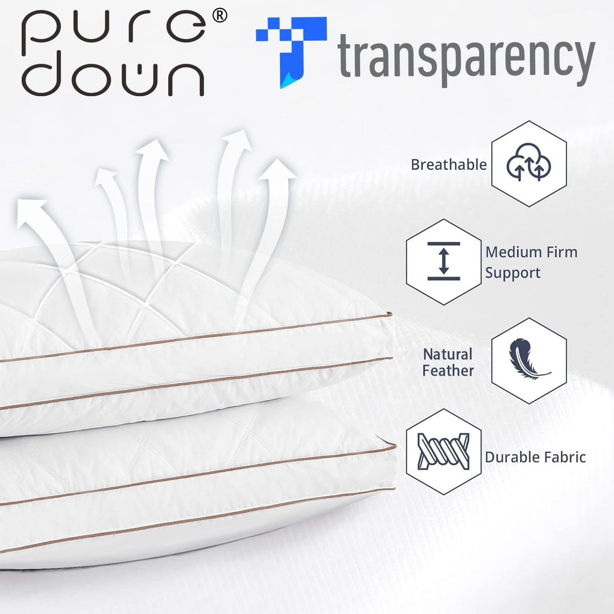 Puredown hotel collection pillow features diamond lattice quilting and brown piping for refined bedding.