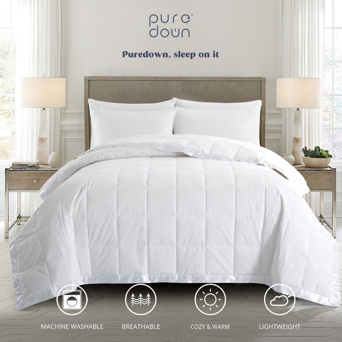 puredown queen down blanket white 90x90 on bed