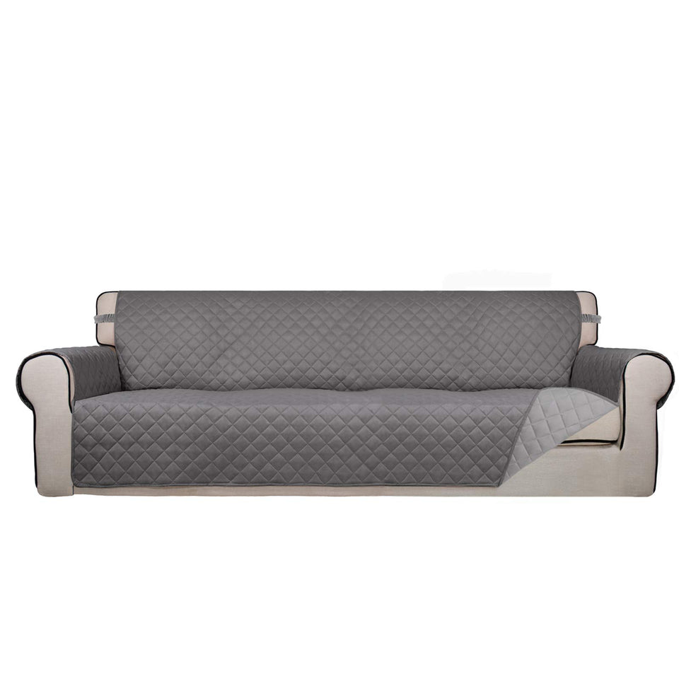 PureFit front view sofa cover in gray and light gray protects against spills and wear.